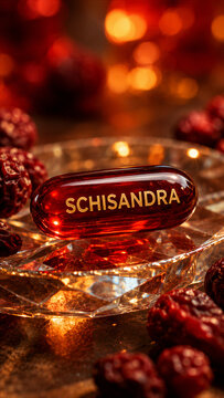 A schisandra capsule rests on a clear glass dish surrounded by dried red berries. Soft warm light highlights the scene, creating a cozy atmosphere