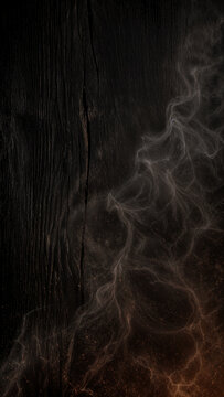 Swirling smoke patterns mix with light on a dark wood background. The scene shows an abstract design created by the interplay of light and dark