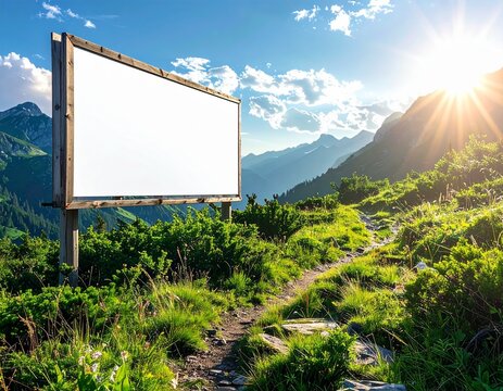 Blank white billboard sign standing on a mountain trail with scenic landscape background.