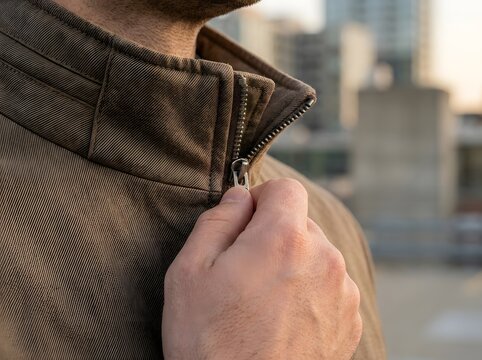 Man zipping up a brown textured jacket outdoors in the city
