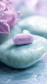A purple tablet labeled Inositol rests on a smooth blue stone. A pink flower appears blurry in the background, adding soft color to the scene. The setting is bright and clear