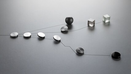 Obraz premium A network diagram with metal discs connected by lines branching out towards a dark sphere, a clear cube, and a black circular on gray.