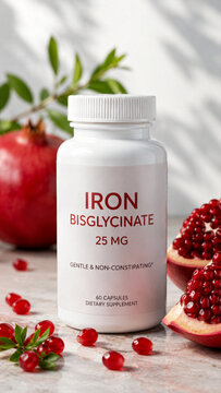 A bottle of iron bisglycinate capsules sits on a wooden table. Pomegranate fruit and seeds are nearby, highlighting a dietary supplement for improving iron levels in the body