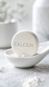 A round calcium supplement tablet sits on a small white spoon filled with powder. Soft light highlights the texture. A small plant is in the background, adding to the scene
