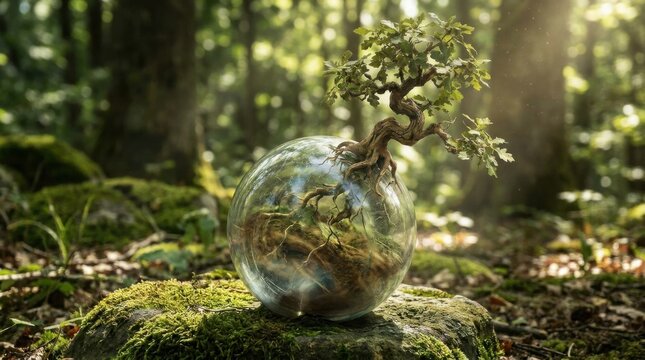 Enchanting Glass Sphere with Tree Inside Resting on Moss in Forest Light