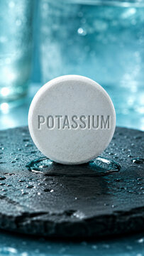 A round tablet labeled POTASSIUM sits on a wet black stone. Glasses can be seen in the background with a blue tint. Drops of water are on the surface and around the tablet
