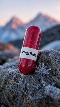 A red capsule labeled Rhodiola rests on a rocky surface, surrounded by frost. The sun sets behind distant mountains, creating a warm glow in the sky