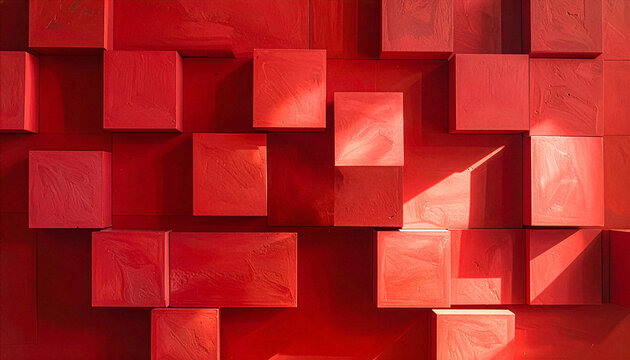 Abstract red 3D cube block wall texture background with hard shadows stock photo