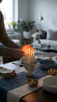 Person lighting Hanukkah menorah candles at home for Jewish holiday celebration