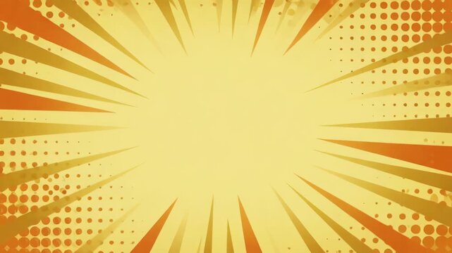 Abstract retro pattern background with sunburst burst light yellow orange comic style, yellow comic burst background with orange rays and halftone dots for retro pop art design, abstract retro