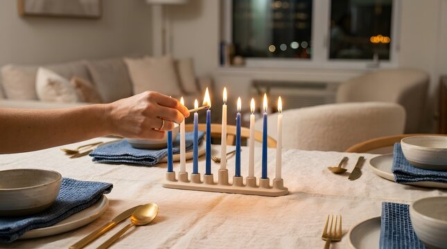 Person lighting Hanukkah menorah candles on a festive dining table at home