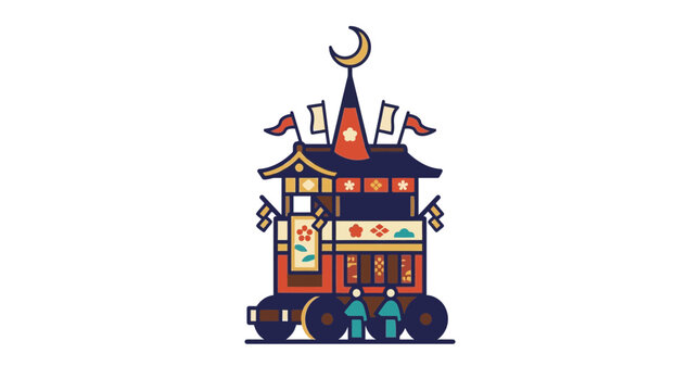 Stylized colorful Japanese festival float with moon emblem