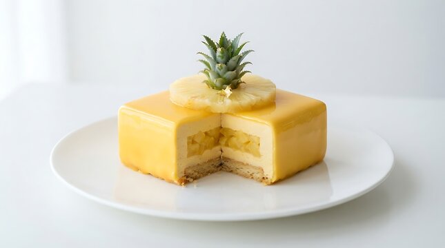 Square pineapple mousse cake with fresh fruit topping