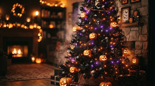 Decorated halloween christmas tree with pumpkins and skulls
