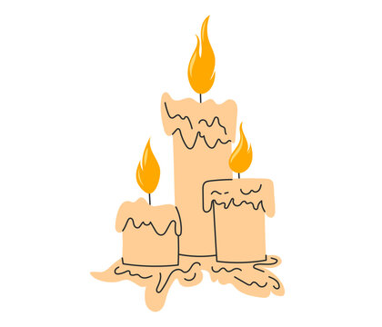Three lit wax candles of different heights melting with dripping wax and glowing orange flames. Flat vector illustration
