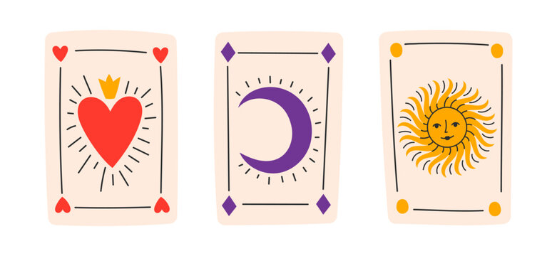 Three tarot style playing cards featuring a crowned heart, crescent moon and smiling sun face symbols. Flat vector illustration.