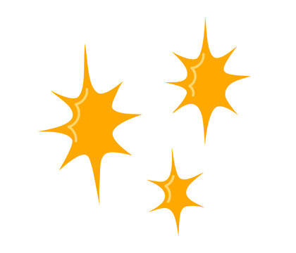 Group of three sparkling orange four pointed stars in different sizes with glowing highlights. Flat vector illustration