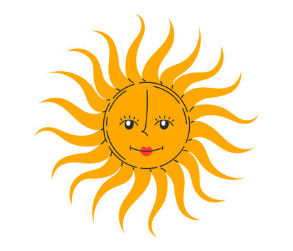 Retro smiling sun face with wavy golden rays and closed eyes lashes. Flat vector illustration