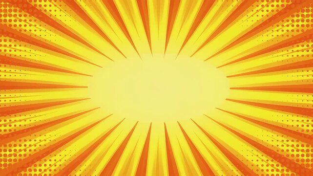 Abstract retro pattern yellow sunburst comic background with bright radial rays and dotted halftone frame warm orange tone, bright yellow orange comic burst background with glowing center and comic