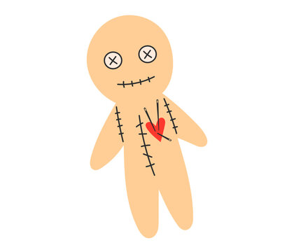 Voodoo rag doll with button eyes, a stitched mouth and needles pierced through a small red heart. Flat vector illustration.
