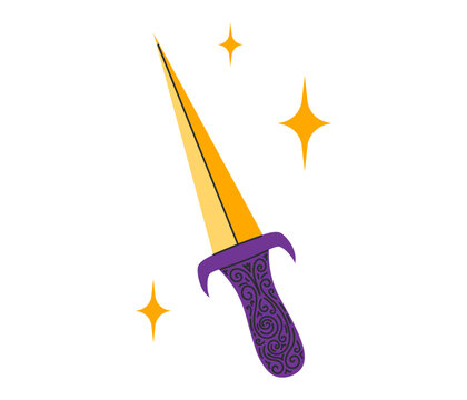 Golden dagger with an ornate purple engraved handle and sparkling stars beside a gleaming pointed blade. Flat vector illustration.