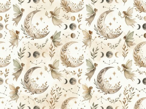 Fairies and moons create a whimsical, celestial pattern on a textured, neutral background, evoking magic and dreams.