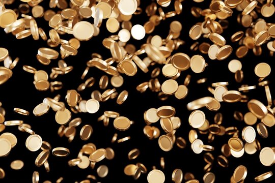 A collection of golden coins appears to float and scatter on a black background. The coins show depth and detail in the 3D render. This scene captures a sense of motion and richness
