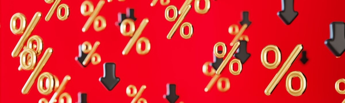 In a setting showing a bright red background, golden percentage symbols and black downward arrows fall. This scene represents discounts and price drops for shoppers