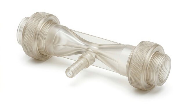 Venturi tube flow meter for fluid dynamics. Transparent industrial pipe fitting with pressure port and threaded ends. Scientific apparatus for measuring liquid velocity and flow rate