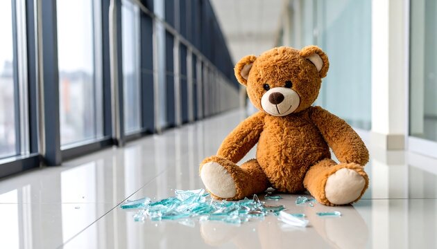 Sad Teddy Bear Sitting Among Broken Glass in a Building Hallway, Childhood Trauma