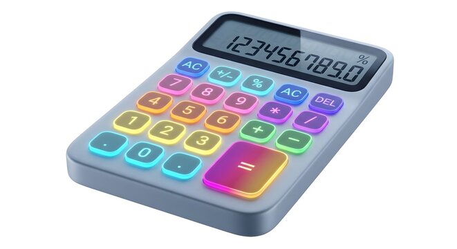 3D icon of a modern calculator with glowing colorful buttons on white background