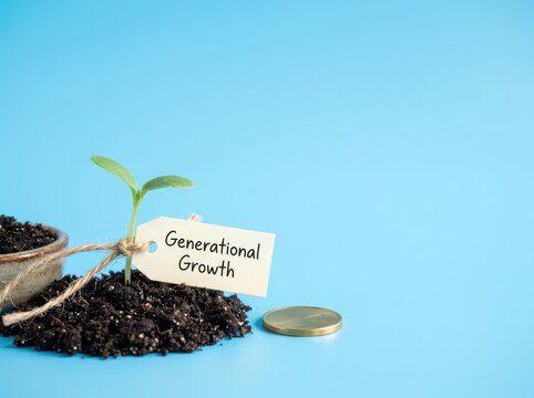 Green plant sprout growing in a pot with a wooden sign suitable for investment media symbolizing long term legacy and generational wealth