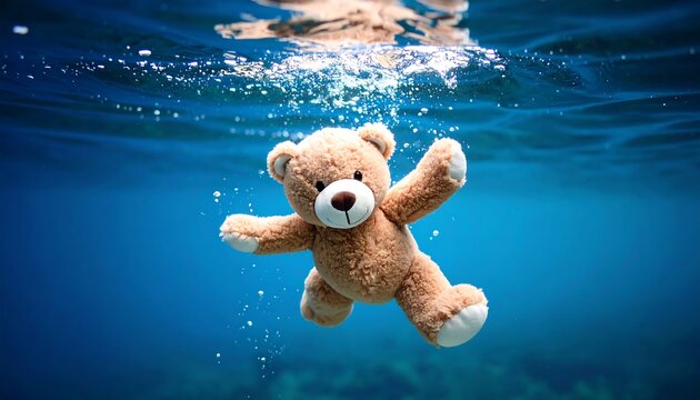 Teddy Bear Floating Underwater Alone  with Air Bubble