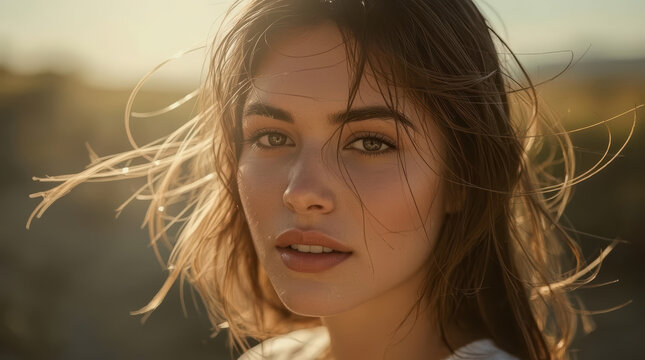 Wind blown hair woman portrait golden light