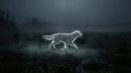 Fototapeta premium Mystical canine silhouette glowing through twilight field with ethereal light effect with captures luminous canine figure moving gracefully through misty