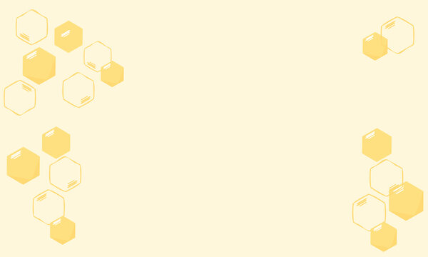 Minimal honeycomb border background featuring scattered golden hexagon cells around the corners with large cream copy space in clean flat vector style for honey packaging, labels, banners, branding, a