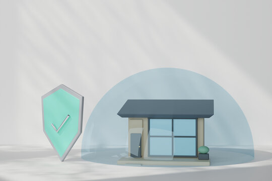 A 3D rendered scene shows a small house under a protective dome. A shield with a check mark is beside the house. The setting has bright light and clear space