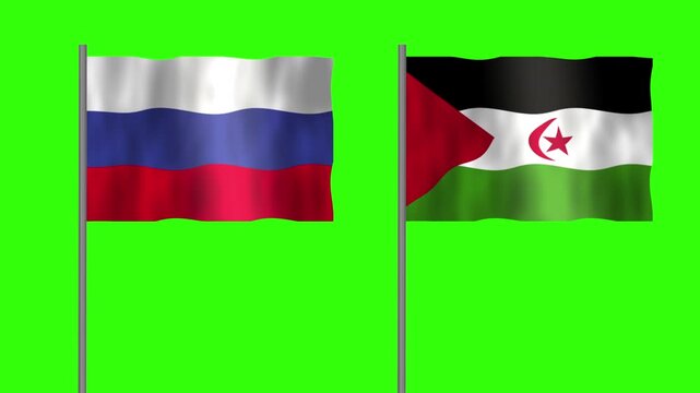 Flag of Western Sahara and Russia, Pole flag of Western Sahara and Russia on Green screen chroma key, Western Sahara and Russia flag waving.

