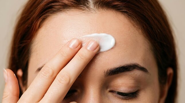 Close up of young woman applying skincare cream on her forehead for a healthy morning skincare routine and professional dermatology skincare treatment for smooth skin
