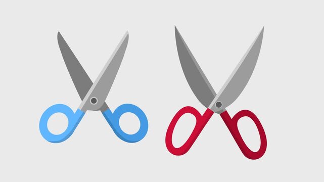 animation of two types of scissors cutting on a transparent background, animation moving and cutting slowly in a loop
