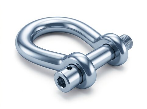 Steel shackle isolated on white background. Heavy duty metallic D-ring clevis with threaded pin. Industrial hardware connector for rigging, lifting, and towing applications