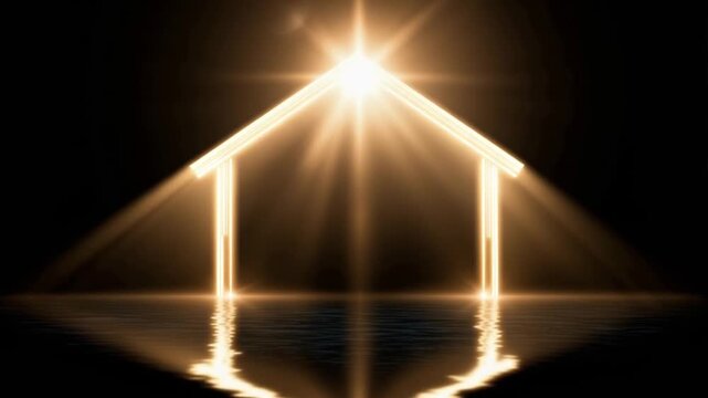 A radiant, golden light emanates from an abstract representation of a house, casting dramatic beams and reflections on a dark, watery surface. Created with Generative AI, not depicting real subjects.