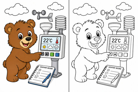 Cute cartoon bear checking weather station temperature, kids educational science activity book coloring page vector illustration