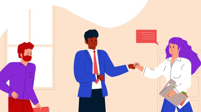2D animation of three diverse colleagues having an active discussion with speech bubbles in a modern office