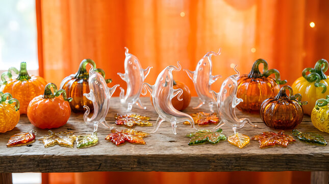 Clear glass ghosts dance on rustic wooden table surrounded by vibrant autumn pumpkin decorations for Halloween