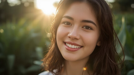 Fototapeta premium Young Asian woman smiling in warm outdoor sunlight with natural foliage