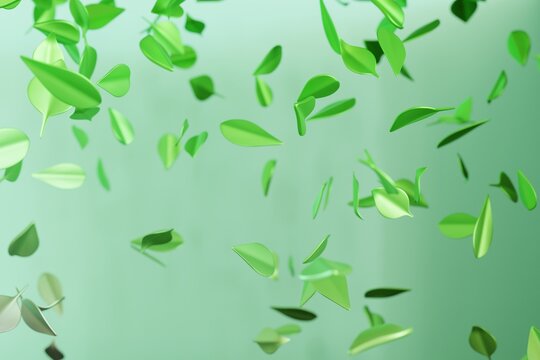 The scene captures leaves falling in a 3D render. Various green leaves float down against a soft green background. This conveys a sense of natural movement in a digital space