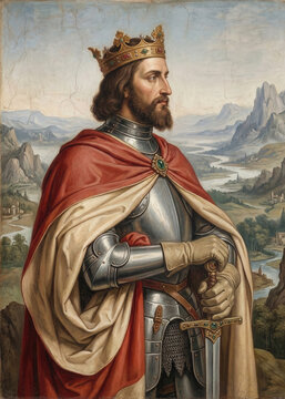 Crowned Medieval King in Plate Armor and Red Cloak Overlooking Mountains, Epic Oil Painting