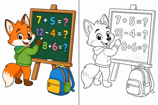 Cute cartoon fox solving math equations on chalkboard, kids educational back to school activity book coloring page vector