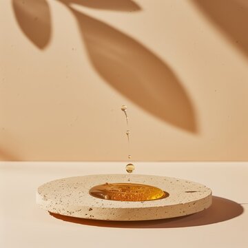 social media promo background for luxury artisanal honey. A round travertine stone coaster on a soft beige plaster background, with a drop of liquid gold honey falling into focus.